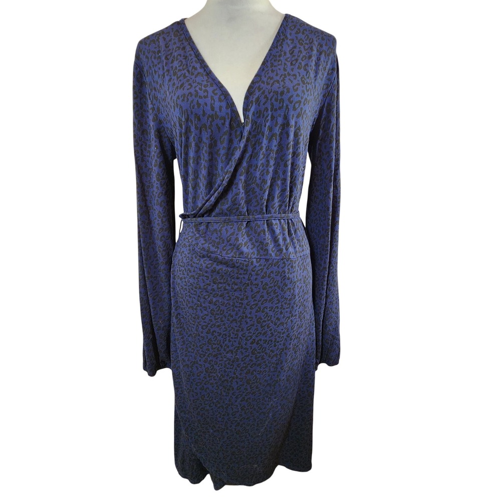 American‎ Tall Women XL XT Blue Leopard Print Long Sleeve Wrap Dress